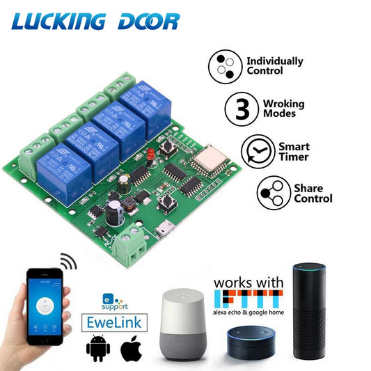 Smart Life Wireless WiFi Switch with Ewelink App Remote Control Self-Locking Interlock 4-Way Relay Smart Switch Module for Home