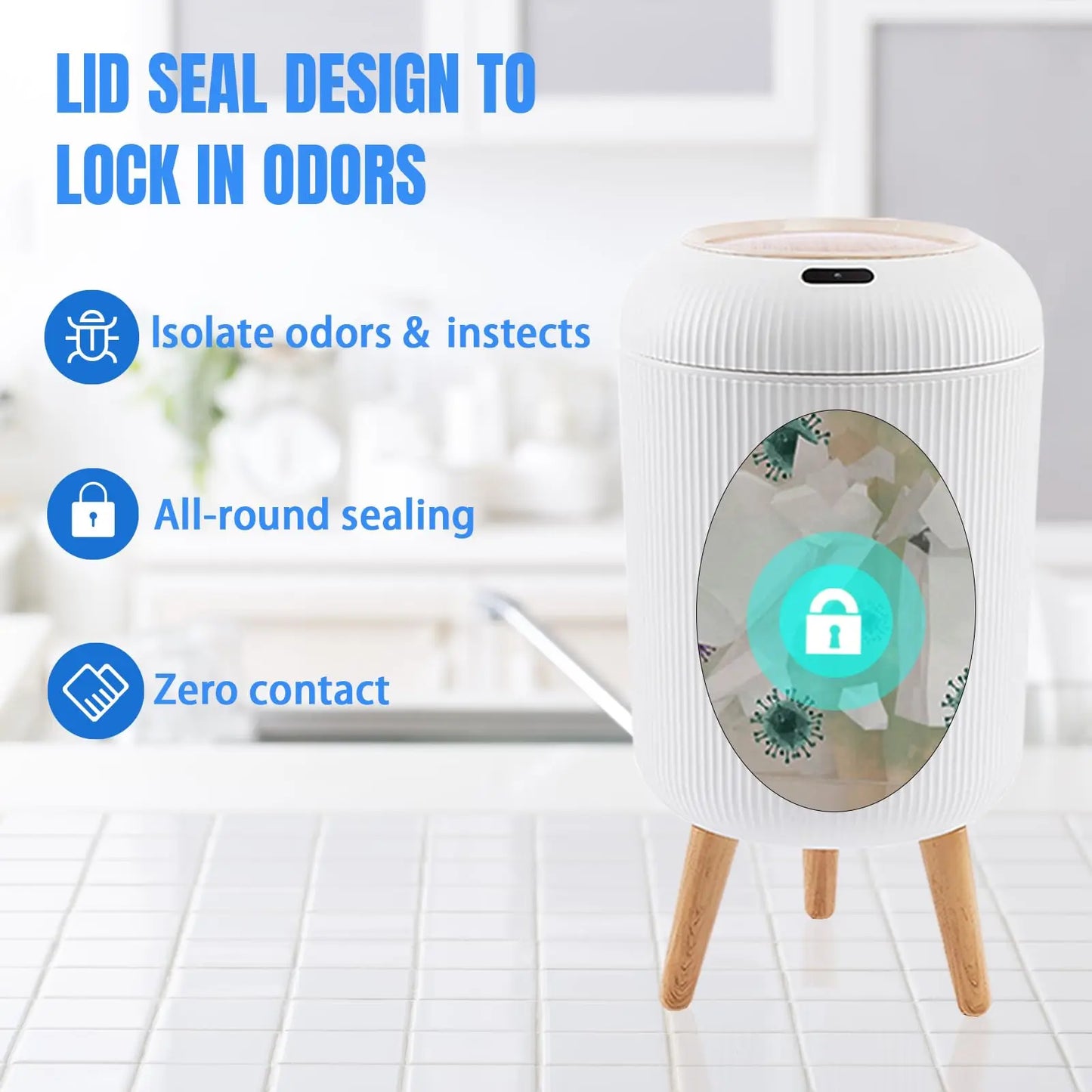 Smart Sensor Trash Can with Wooden Tripod Base, Automatic Induction Dustbin , Waterproof Non-Contact Garbage Can with