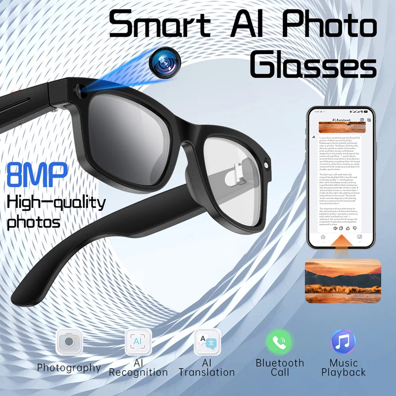 Smart glasses with 8-megapixel camera optical image stabilization 1200p video recording and AI real-time translation