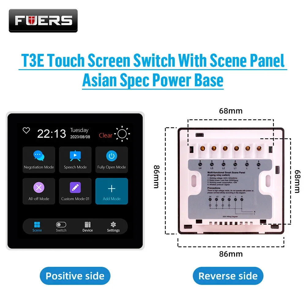 4 Inch Touch Screen Multi-functional Smart Wall Switch T3E Switch Scene Panel Intelligent Home Touch Screen Zigbee