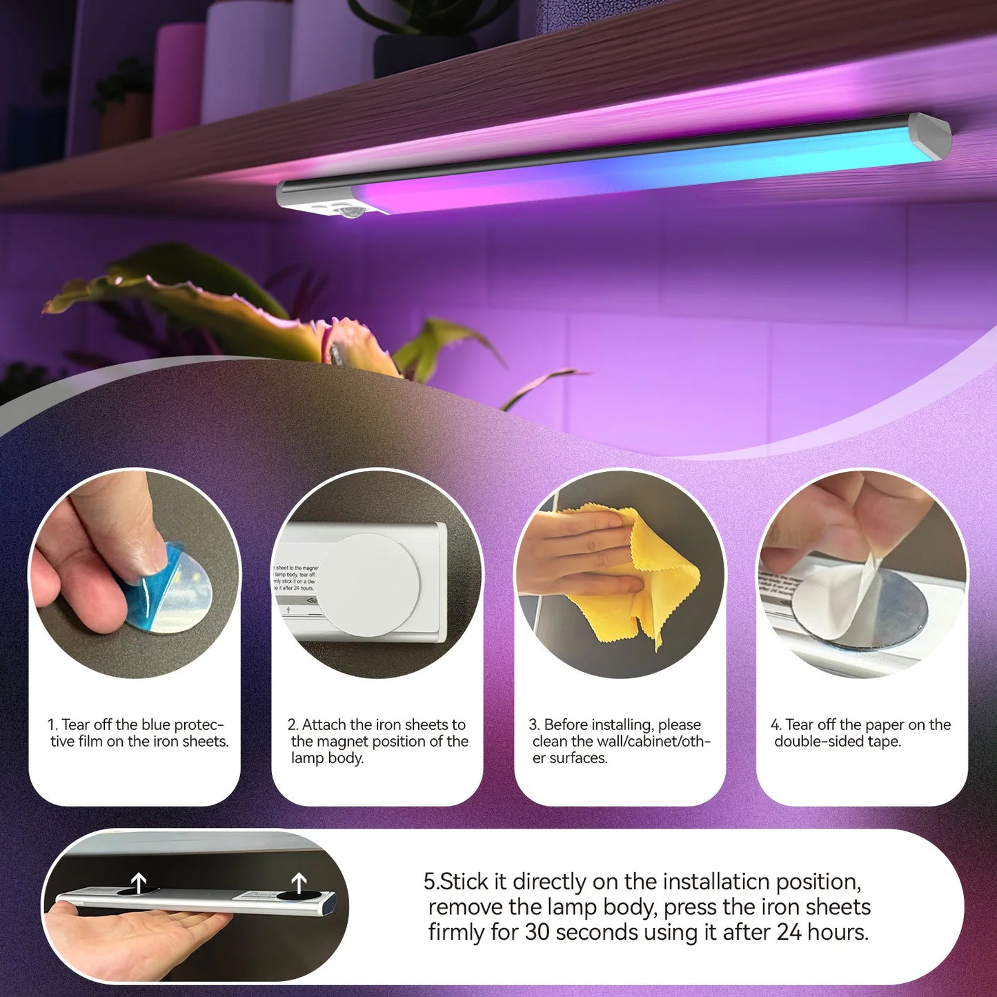Smart LED Strip Lights with Motion Sensor Magnetic Charging RGB White for Closet Cabinet Wine Cabinet