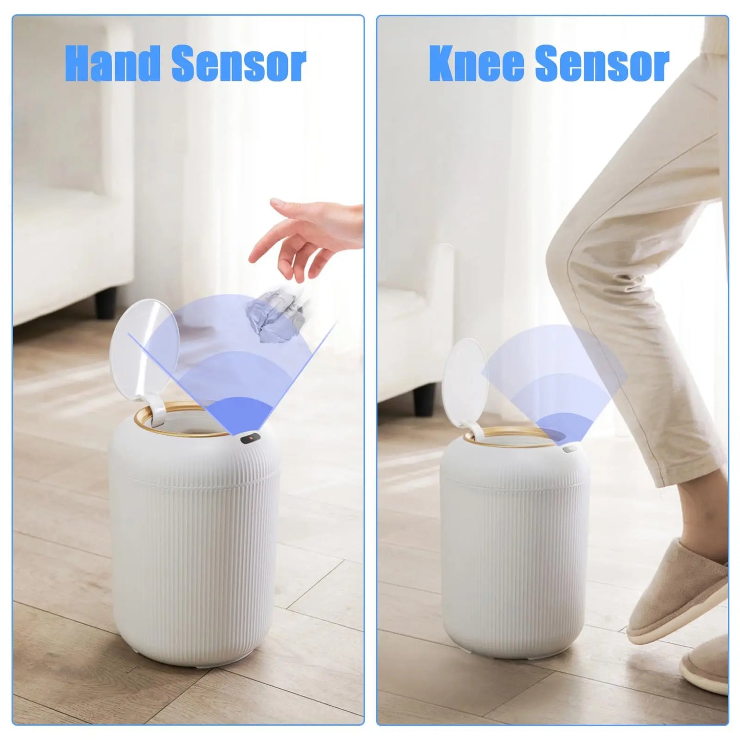 Smart Sensor Trash Can with Wooden Tripod Base, Automatic Induction Dustbin , Waterproof Non-Contact Garbage Can with