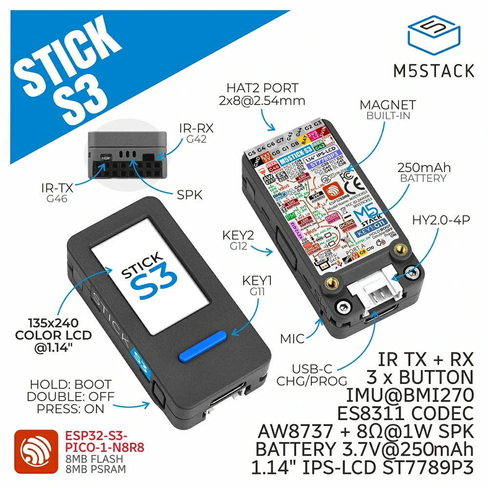 M5Stack M5StickS3 ESP32-S3 IoT Development Kit Portable with Screen for IoT Control Smart Home Applications