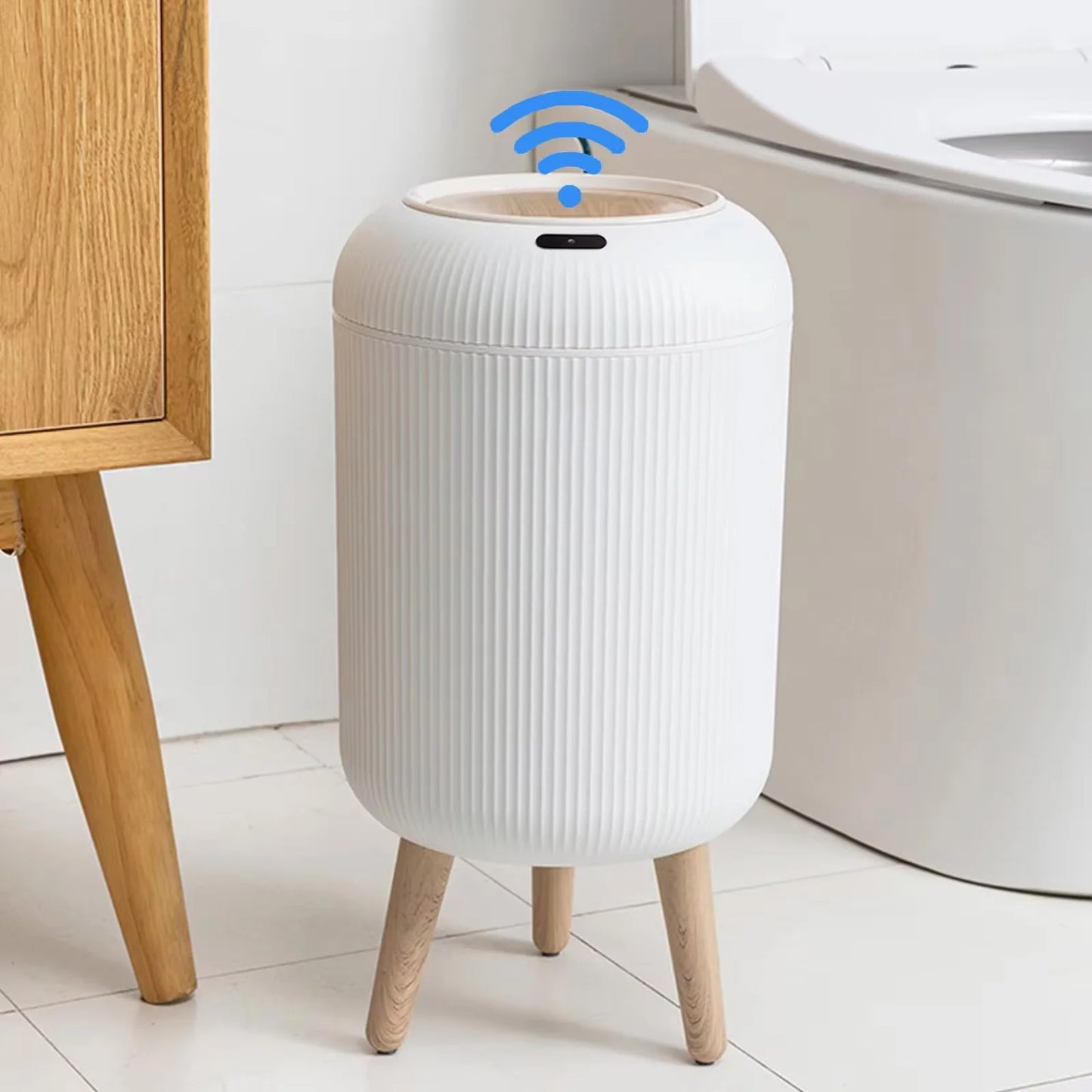 Smart Sensor Trash Can with Wooden Tripod Base, Automatic Induction Dustbin , Waterproof Non-Contact Garbage Can with