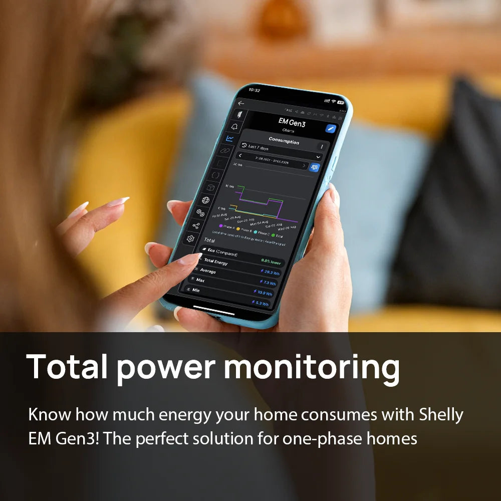 User monitoring total power consumption with Shelly EM Gen3 Smart Home WiFi Connection on a smartphone.