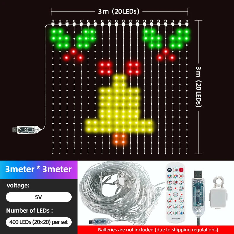 Smart 5V USB RGB Christmas Lights 400LED Outdoor Curtain Window Flashing Lighting for Home Xmas Holiday Party Decor