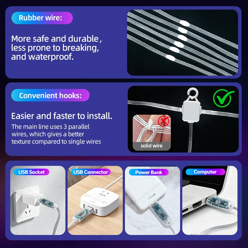 Smart 5V USB RGB Christmas Lights 400LED Outdoor Curtain Window Flashing Lighting for Home Xmas Holiday Party Decor