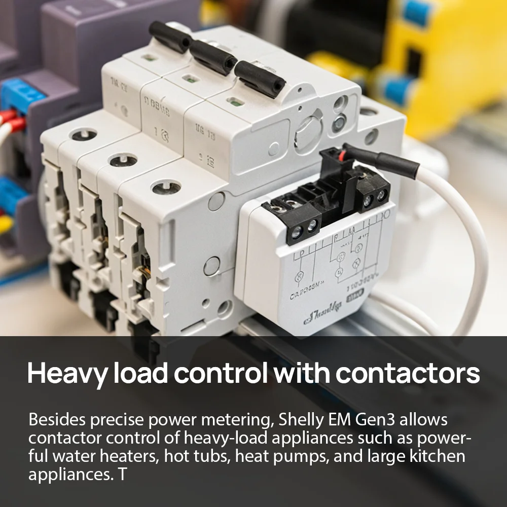 Shelly EM Gen3 Smart Home WiFi Connection heavy load control with contactors for efficient power usage.