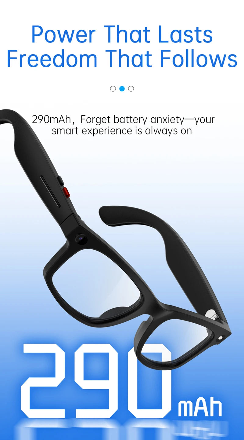 Smart glasses with 8-megapixel camera optical image stabilization 1200p video recording and AI real-time translation