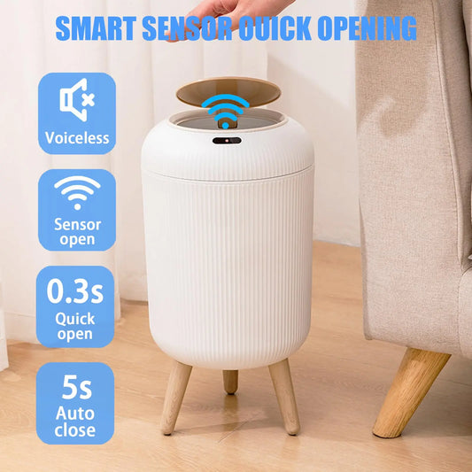 Smart Sensor Trash Can with Wooden Tripod Base, Automatic Induction Dustbin , Waterproof Non-Contact Garbage Can with