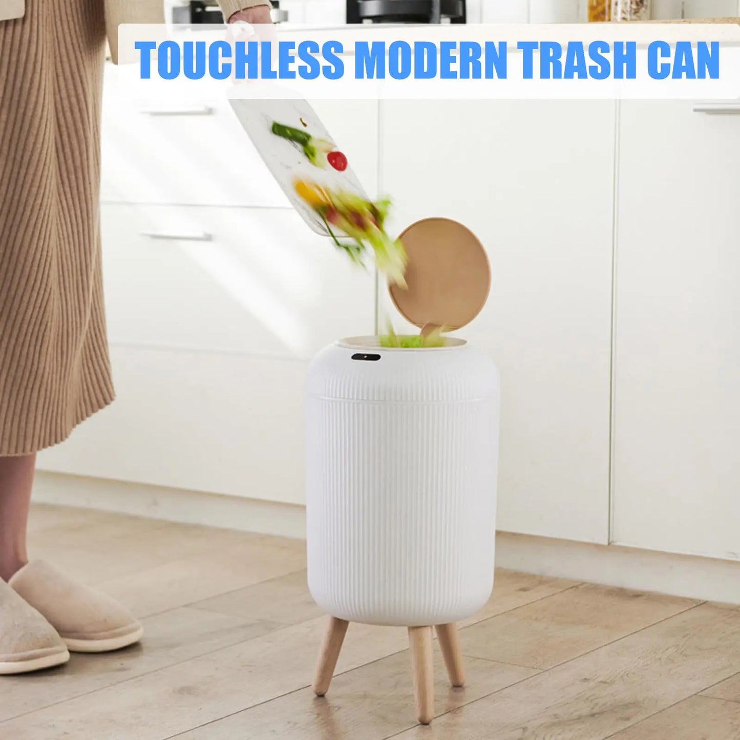 Smart Sensor Trash Can with Wooden Tripod Base, Automatic Induction Dustbin , Waterproof Non-Contact Garbage Can with
